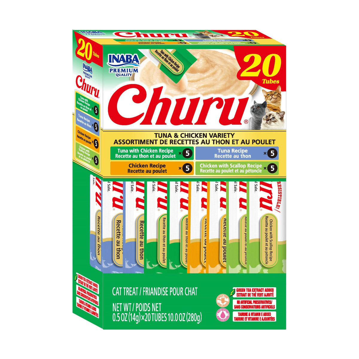 INABA Churu Cat Treats, Lickable, Squeezable Creamy Purée Cat Treat with Green Tea Extract & Taurine, 0.5 Ounces Each Tube, 50 Tubes, Tuna & Chicken Variety
