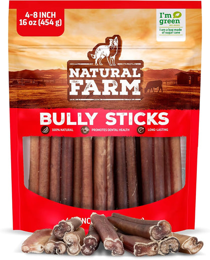 Natural Farm Odor-Free Bully Sticks (4-8”, 16oz) ALL-NATURAL Long-Lasting Chews, 100% Beef Pizzle, Grass-Fed, Grain-Free, Hormone-Free, Protein for Muscle Development & Energy, Perfect For Medium Dogs