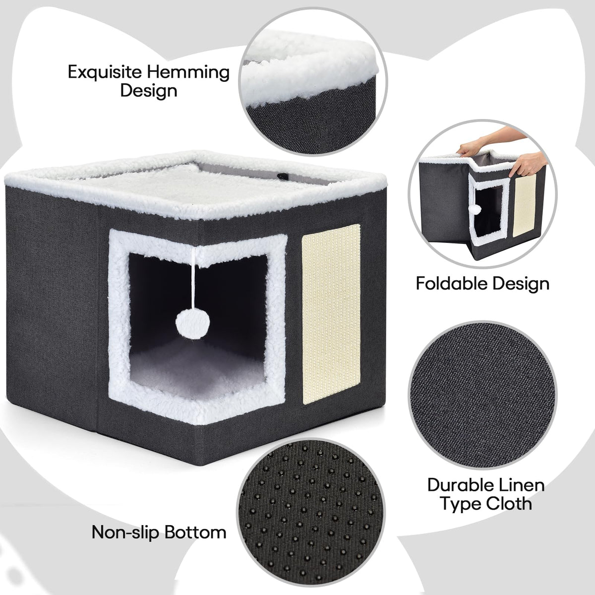 petizer Cat Bed for Indoor Cats, Large Covered Cat House with Scratch Pad, Foldable Cat Cave Bed & Hideaway Cube with Reversible Cushions, Cute Cat Condo for Multi Small Pet Kitten (Dark Grey)