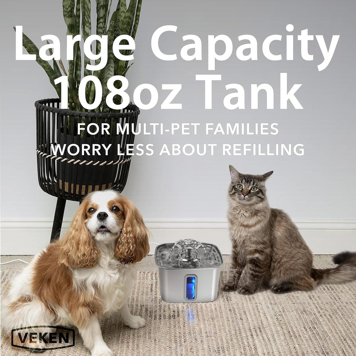 Veken Innovation Award Winner Stainless Steel Cat Water Fountain, 108oz, C1