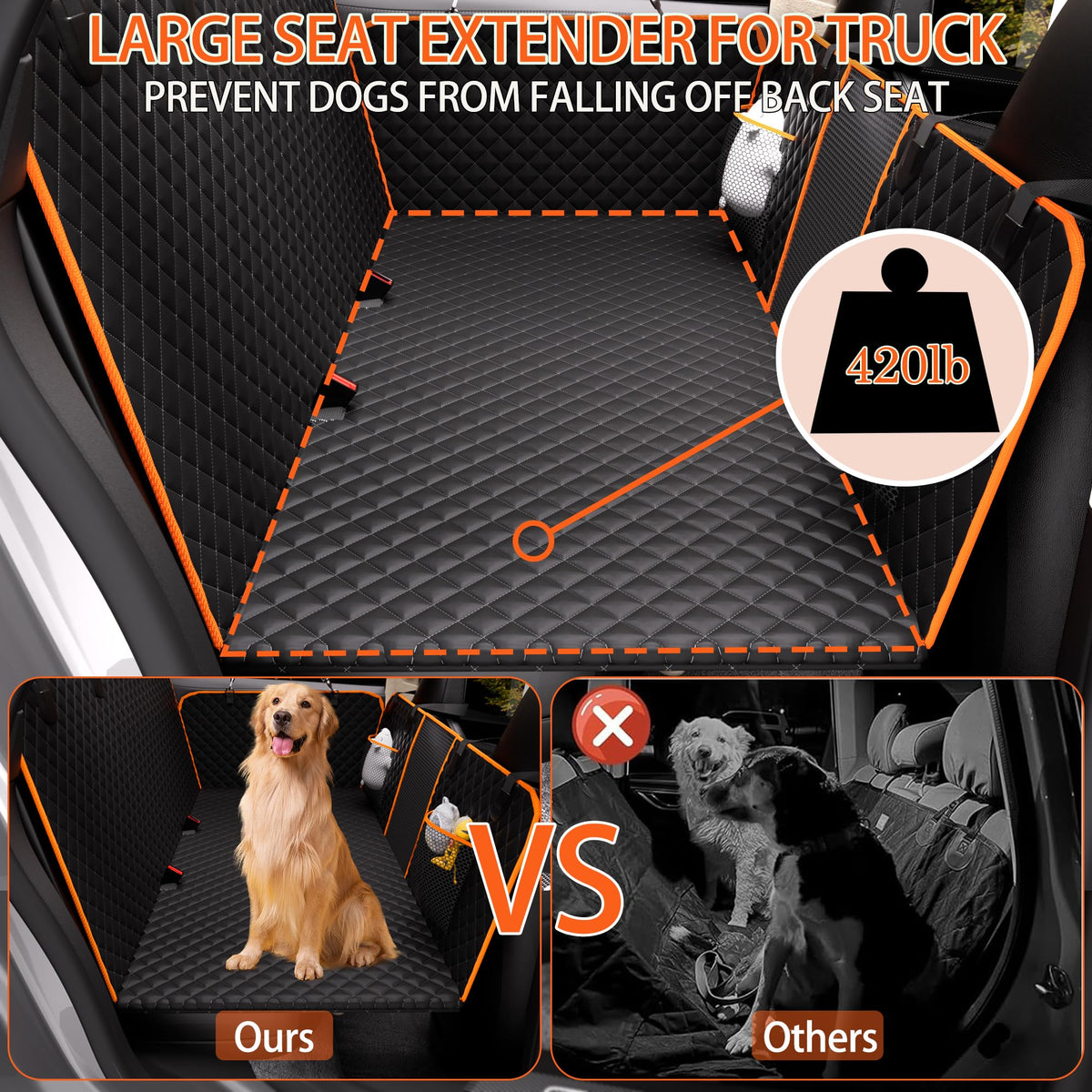 Back Seat Extender for Dogs - Large Space, Waterproof Dog Car Seat Cover for Back Seat with Hard Bottom Holds 420lbs, 600D Heavy-Duty Upgraded Material Dog Hammock for Car, Easy to Use and Clean