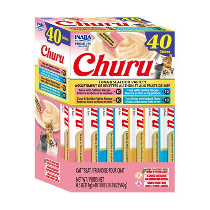 INABA Churu Cat Treats, Lickable, Squeezable Creamy Purée Cat Treat with Green Tea Extract & Taurine, 0.5 Ounces Each Tube, 50 Tubes, Tuna & Chicken Variety