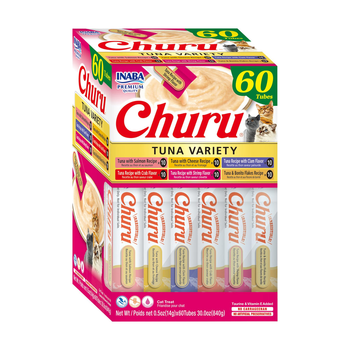 INABA Churu Cat Treats, Lickable, Squeezable Creamy Purée Cat Treat with Green Tea Extract & Taurine, 0.5 Ounces Each Tube, 50 Tubes, Tuna & Chicken Variety