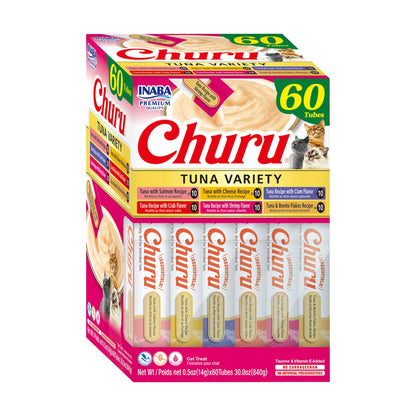 INABA Churu Cat Treats, Lickable, Squeezable Creamy Purée Cat Treat with Green Tea Extract & Taurine, 0.5 Ounces Each Tube, 50 Tubes, Tuna & Chicken Variety