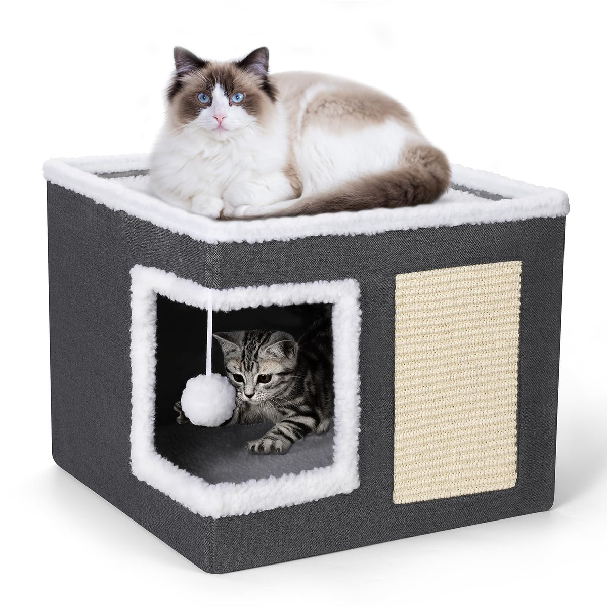 petizer Cat Bed for Indoor Cats, Large Covered Cat House with Scratch Pad, Foldable Cat Cave Bed & Hideaway Cube with Reversible Cushions, Cute Cat Condo for Multi Small Pet Kitten (Dark Grey)