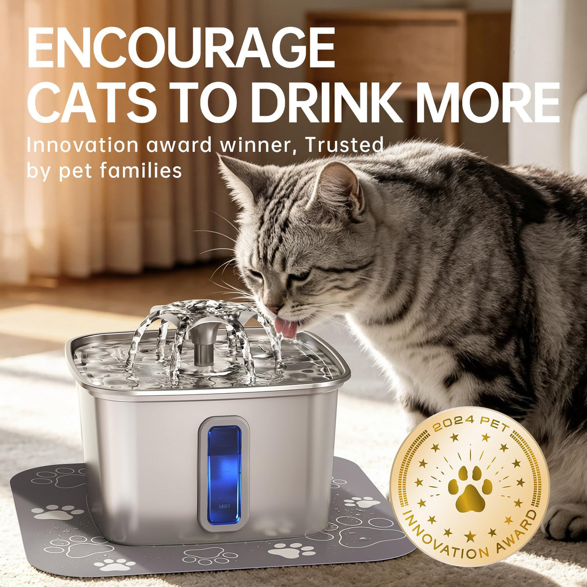 Veken Innovation Award Winner Stainless Steel Cat Water Fountain, 108oz, C1