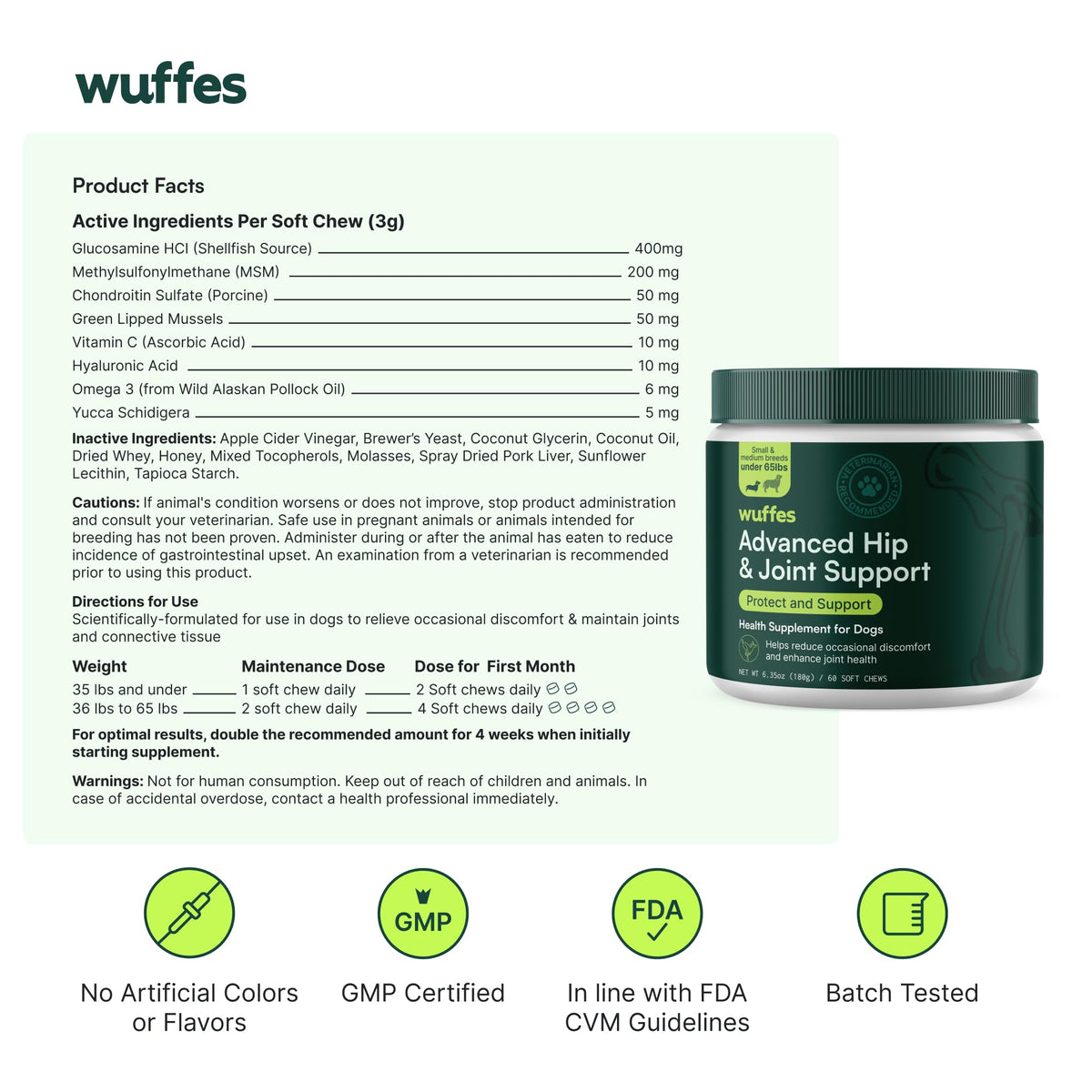 Wuffes Advanced Dog Hip and Joint Supplement with Glucosamine, Chondroitin, Omega 3, MSM, and Green Lipped Mussel, 30 Pork Flavored Chews for Large Dog Breeds