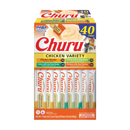 INABA Churu Cat Treats, Lickable, Squeezable Creamy Purée Cat Treat with Green Tea Extract & Taurine, 0.5 Ounces Each Tube, 50 Tubes, Tuna & Chicken Variety