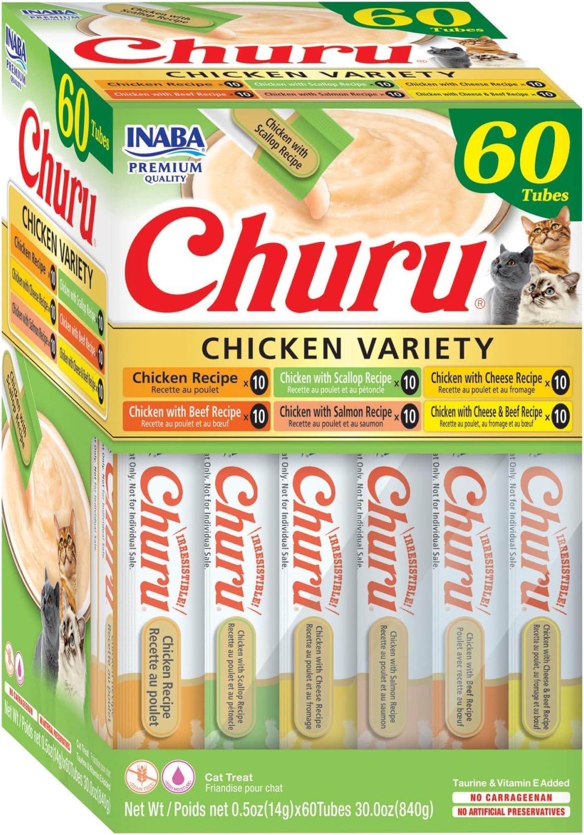 INABA Churu Cat Treats, Lickable, Squeezable Creamy Purée Cat Treat with Green Tea Extract & Taurine, 0.5 Ounces Each Tube, 50 Tubes, Tuna & Chicken Variety