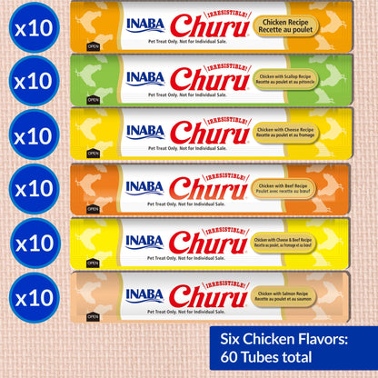 INABA Churu Cat Treats, Lickable, Squeezable Creamy Purée Cat Treat with Green Tea Extract & Taurine, 0.5 Ounces Each Tube, 50 Tubes, Tuna & Chicken Variety