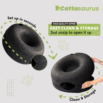 CATTASAURUS Peekaboo Cat Cave for Multiple & Large Cats Up to 30-45 Lbs, Scratch Detachable & Washable Tunnel Bed, Comfy Donut Cat Cave (Light Gray, Large)
