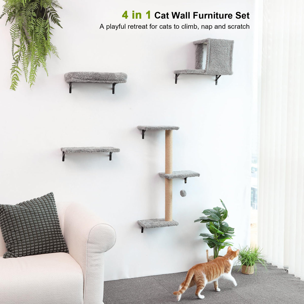 FUKUMARU Cat Wall Shelves, Stable & Safe 4 in 1 Cat Furniture Set, Wooden Climbing Wall with Scratching Post for 16 Inch Drywall - Gray