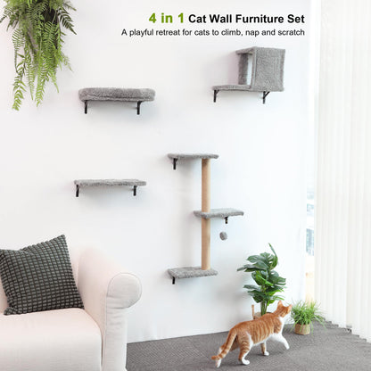 FUKUMARU Cat Wall Shelves, Stable & Safe 4 in 1 Cat Furniture Set, Wooden Climbing Wall with Scratching Post for 16 Inch Drywall - Gray