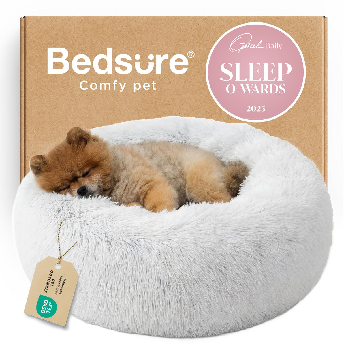 Bedsure Calming Small Medium Dog Bed Donut Washable Puppy Bed,27ins Camel