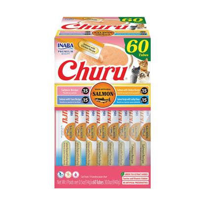 INABA Churu Cat Treats, Lickable, Squeezable Creamy Purée Cat Treat with Green Tea Extract & Taurine, 0.5 Ounces Each Tube, 50 Tubes, Tuna & Chicken Variety