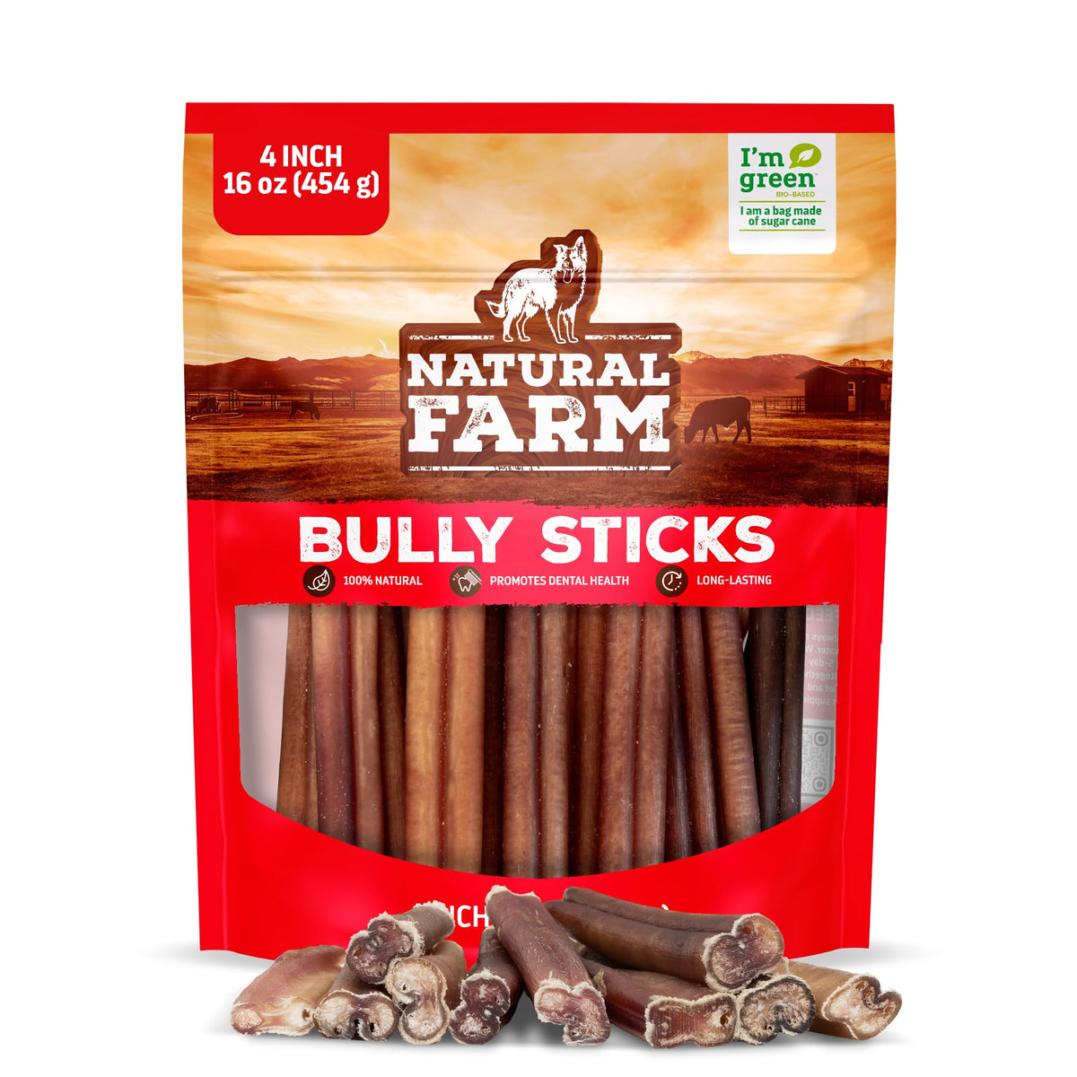 Natural Farm Odor-Free Bully Sticks (4-8”, 16oz) ALL-NATURAL Long-Lasting Chews, 100% Beef Pizzle, Grass-Fed, Grain-Free, Hormone-Free, Protein for Muscle Development & Energy, Perfect For Medium Dogs