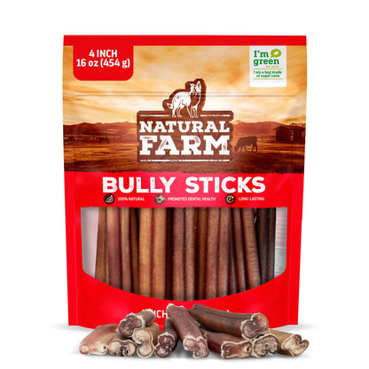 Natural Farm Odor-Free Bully Sticks (4-8”, 16oz) ALL-NATURAL Long-Lasting Chews, 100% Beef Pizzle, Grass-Fed, Grain-Free, Hormone-Free, Protein for Muscle Development & Energy, Perfect For Medium Dogs