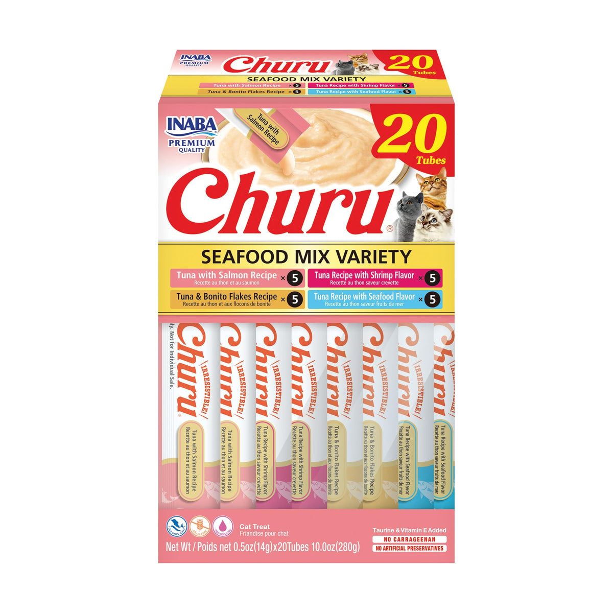 INABA Churu Cat Treats, Lickable, Squeezable Creamy Purée Cat Treat with Green Tea Extract & Taurine, 0.5 Ounces Each Tube, 50 Tubes, Tuna & Chicken Variety