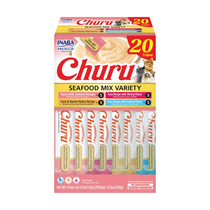 INABA Churu Cat Treats, Lickable, Squeezable Creamy Purée Cat Treat with Green Tea Extract & Taurine, 0.5 Ounces Each Tube, 50 Tubes, Tuna & Chicken Variety