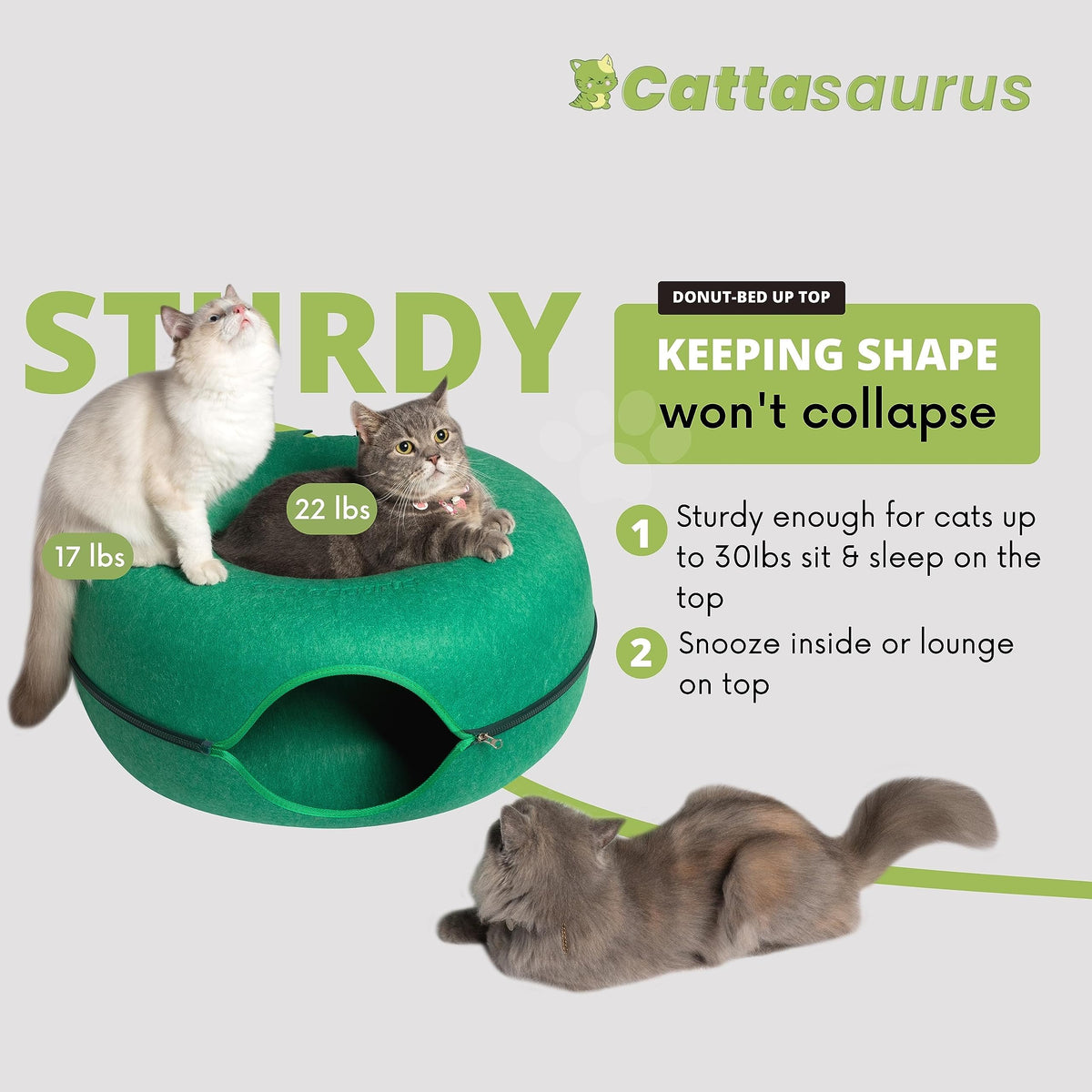 CATTASAURUS Peekaboo Cat Cave for Multiple & Large Cats Up to 30-45 Lbs, Scratch Detachable & Washable Tunnel Bed, Comfy Donut Cat Cave (Light Gray, Large)