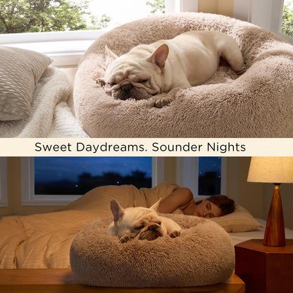 Bedsure Calming Small Medium Dog Bed Donut Washable Puppy Bed,27ins Camel