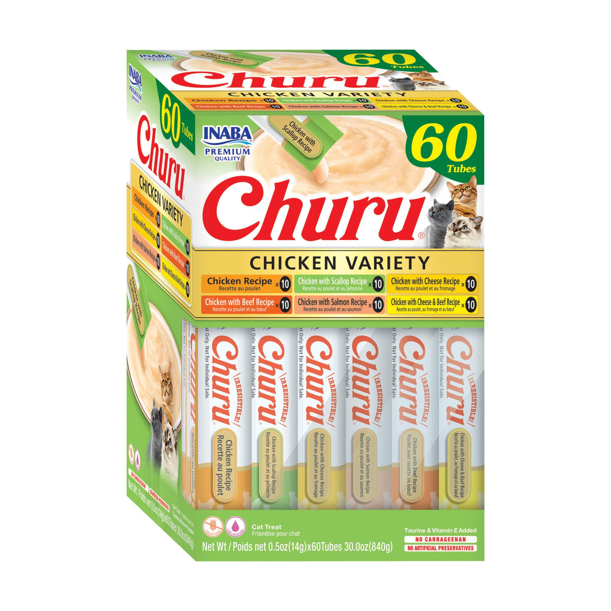 INABA Churu Cat Treats, Lickable, Squeezable Creamy Purée Cat Treat with Green Tea Extract & Taurine, 0.5 Ounces Each Tube, 50 Tubes, Tuna & Chicken Variety