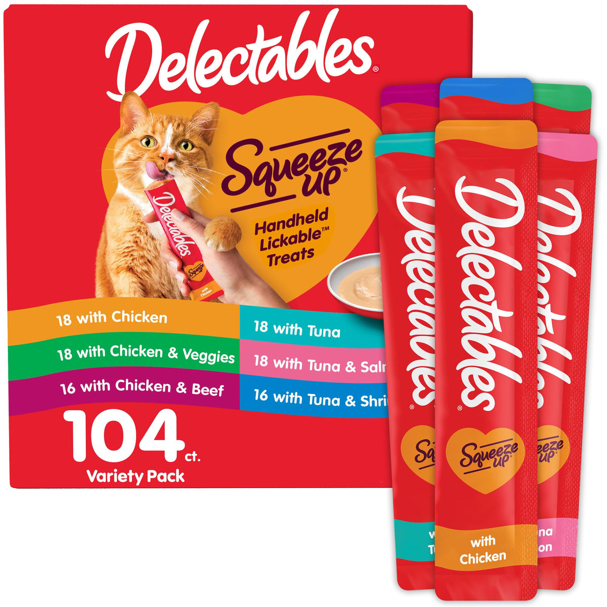 Delectables Squeeze Up Variety Pack, Creamy Squeezable Puree, Lickable Wet Cat Treats, Grain Free, No Added Fillers, No by-Products, No Added Preservatives, 0.5 Ounces Tube, 20 Tubes Total