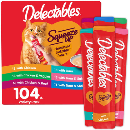 Delectables Squeeze Up Variety Pack, Creamy Squeezable Puree, Lickable Wet Cat Treats, Grain Free, No Added Fillers, No by-Products, No Added Preservatives, 0.5 Ounces Tube, 20 Tubes Total
