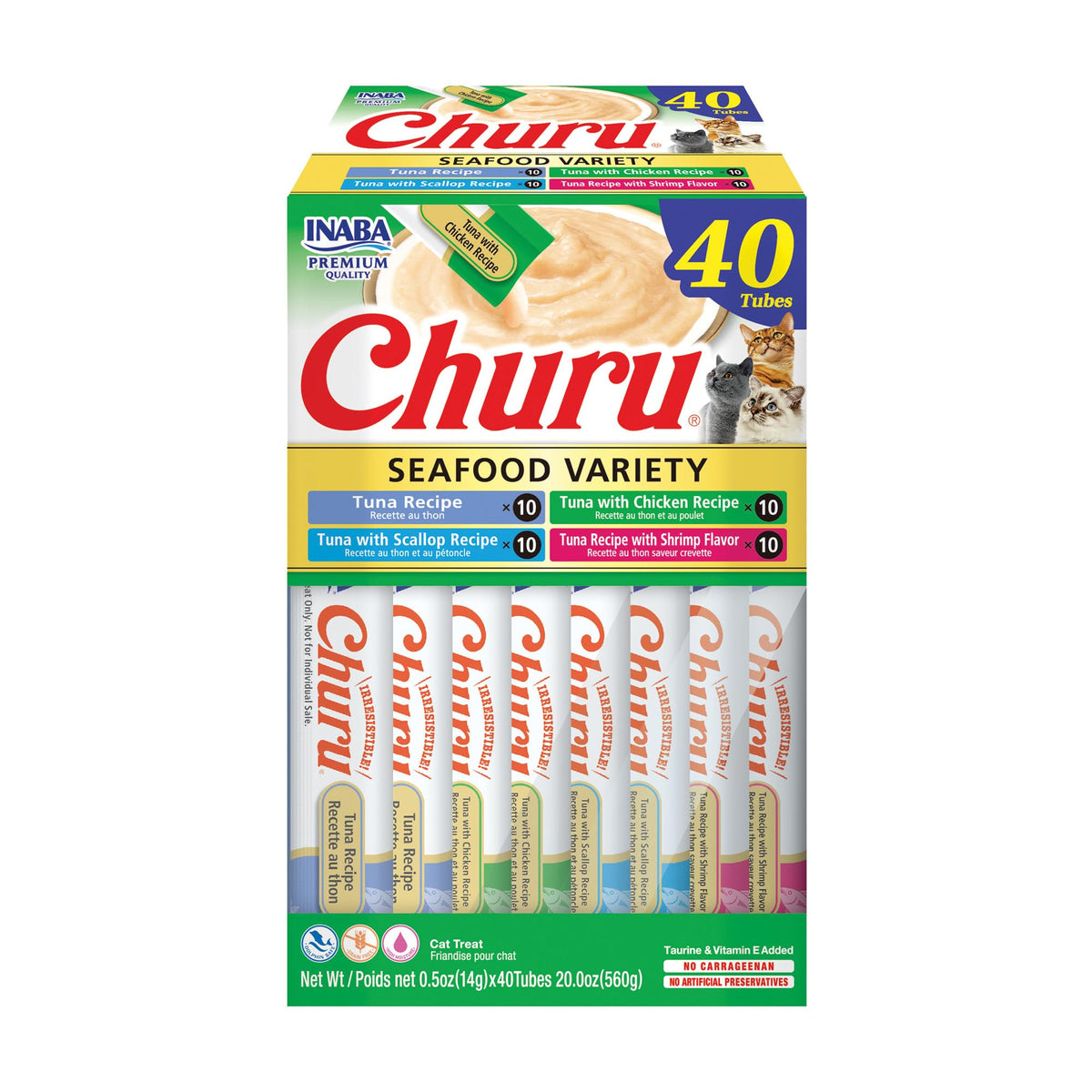 INABA Churu Cat Treats, Lickable, Squeezable Creamy Purée Cat Treat with Green Tea Extract & Taurine, 0.5 Ounces Each Tube, 50 Tubes, Tuna & Chicken Variety