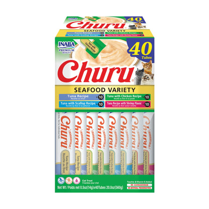 INABA Churu Cat Treats, Lickable, Squeezable Creamy Purée Cat Treat with Green Tea Extract & Taurine, 0.5 Ounces Each Tube, 50 Tubes, Tuna & Chicken Variety