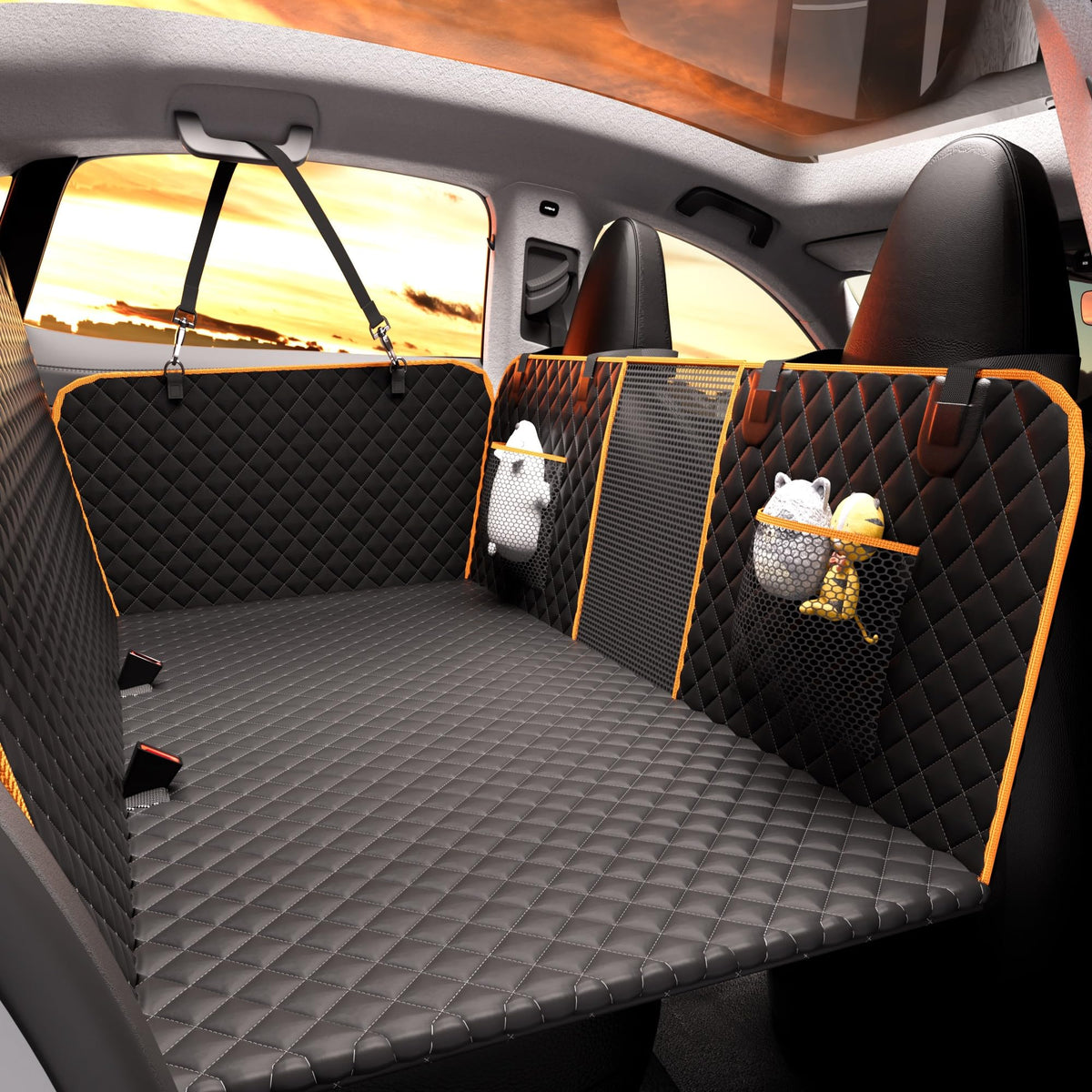 Back Seat Extender for Dogs - Large Space, Waterproof Dog Car Seat Cover for Back Seat with Hard Bottom Holds 420lbs, 600D Heavy-Duty Upgraded Material Dog Hammock for Car, Easy to Use and Clean