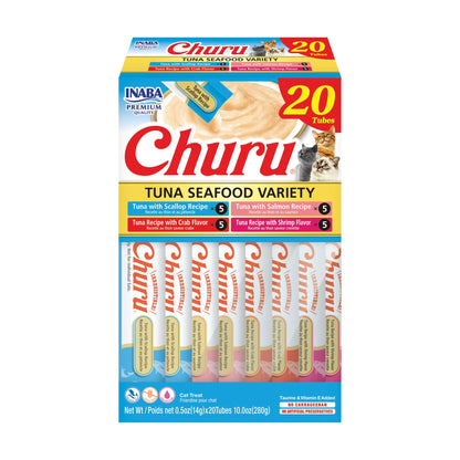 INABA Churu Cat Treats, Lickable, Squeezable Creamy Purée Cat Treat with Green Tea Extract & Taurine, 0.5 Ounces Each Tube, 50 Tubes, Tuna & Chicken Variety