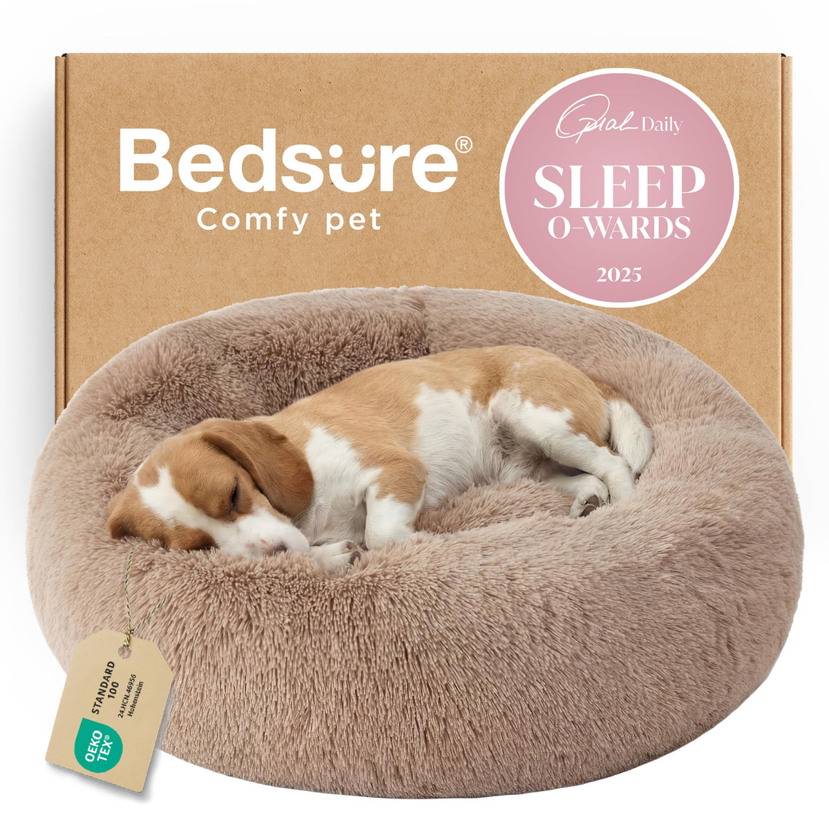 Bedsure Calming Small Medium Dog Bed Donut Washable Puppy Bed,27ins Camel