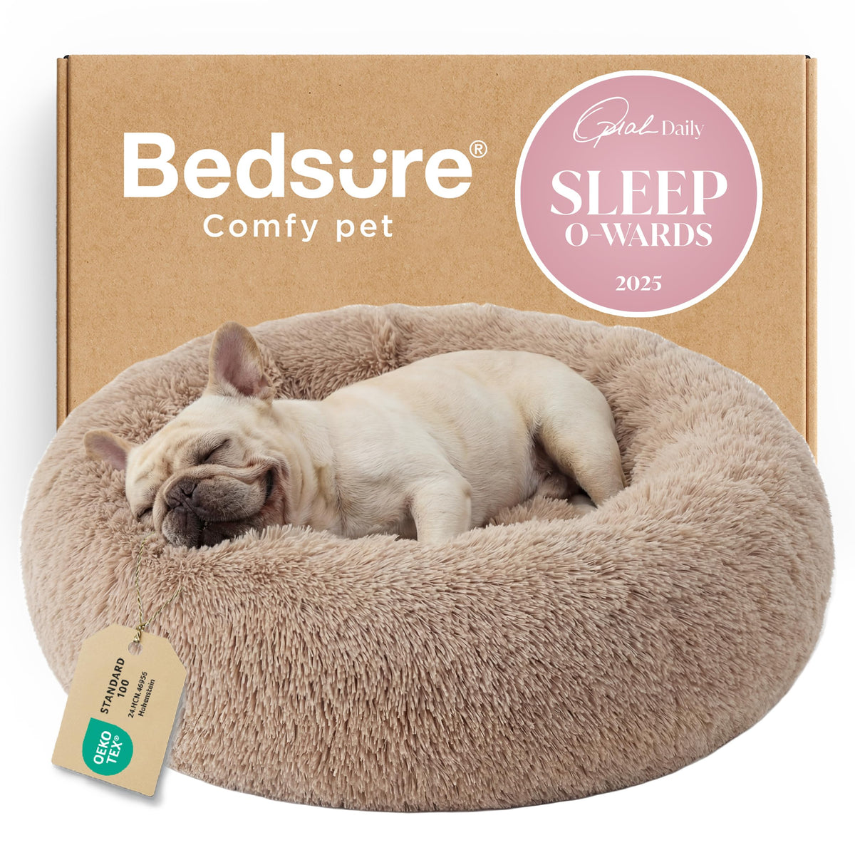 Bedsure Calming Small Medium Dog Bed Donut Washable Puppy Bed,27ins Camel