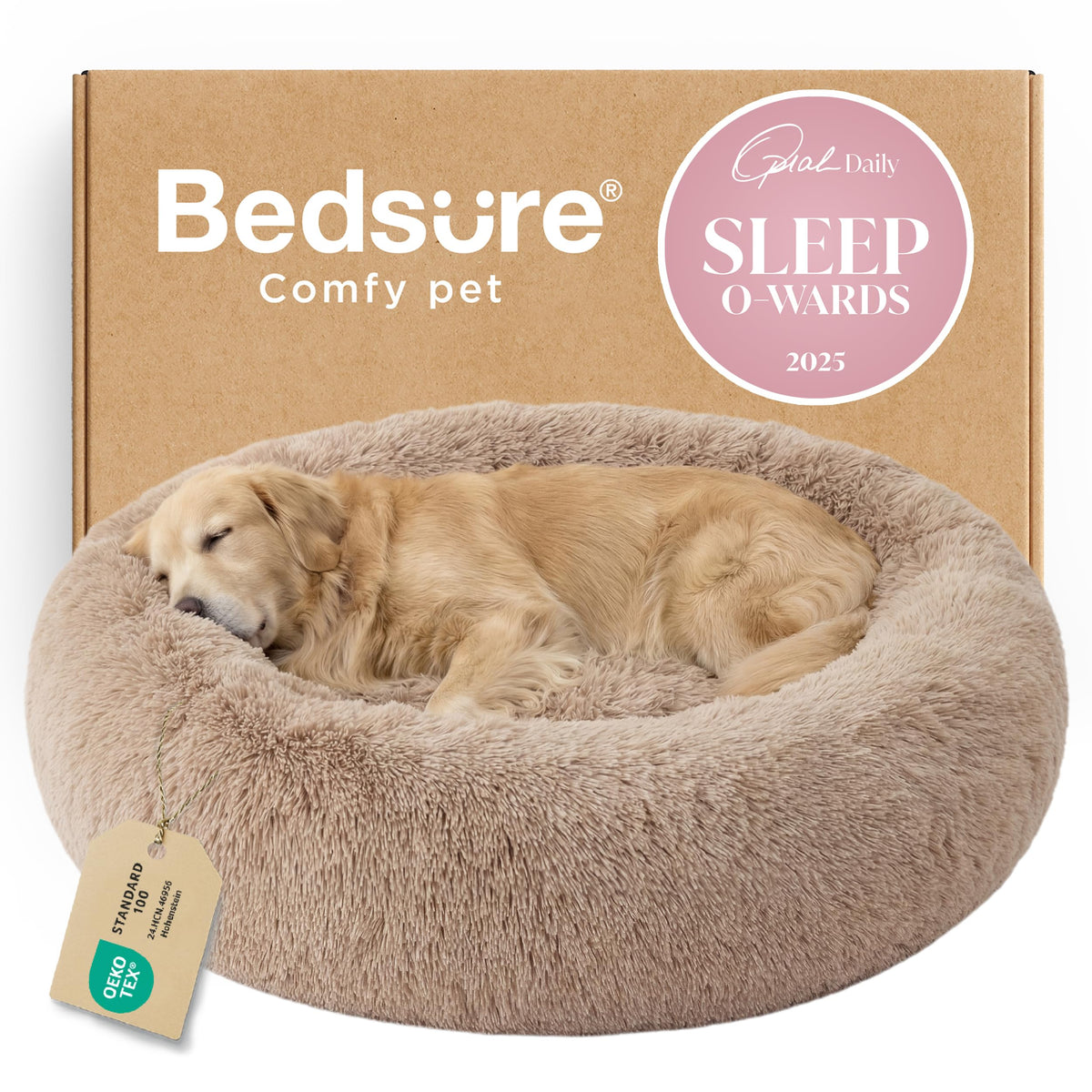 Bedsure Calming Small Medium Dog Bed Donut Washable Puppy Bed,27ins Camel