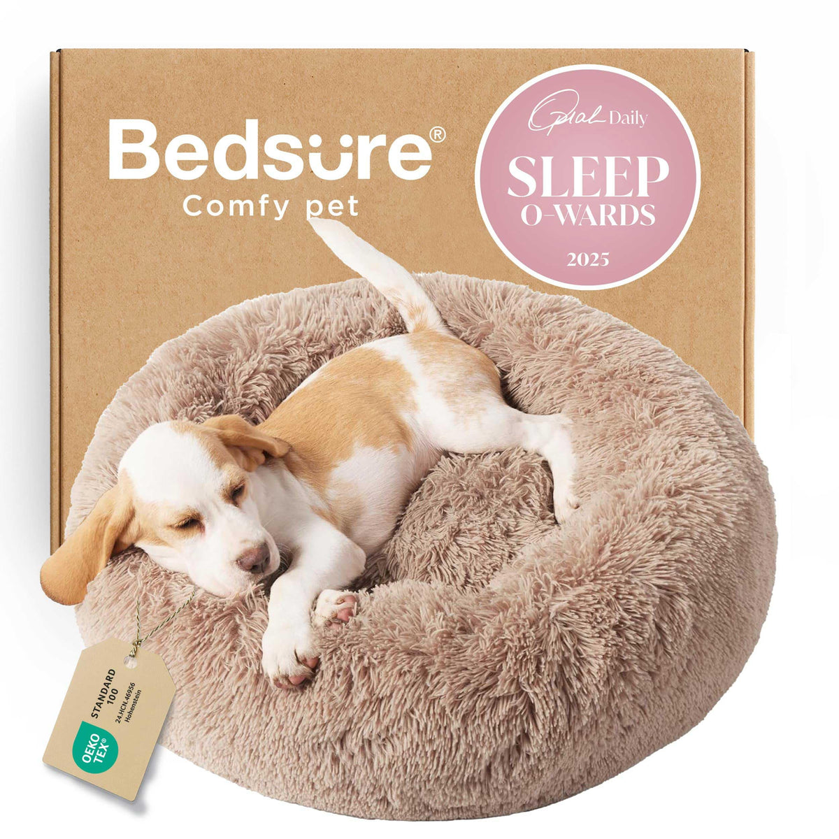 Bedsure Calming Small Medium Dog Bed Donut Washable Puppy Bed,27ins Camel