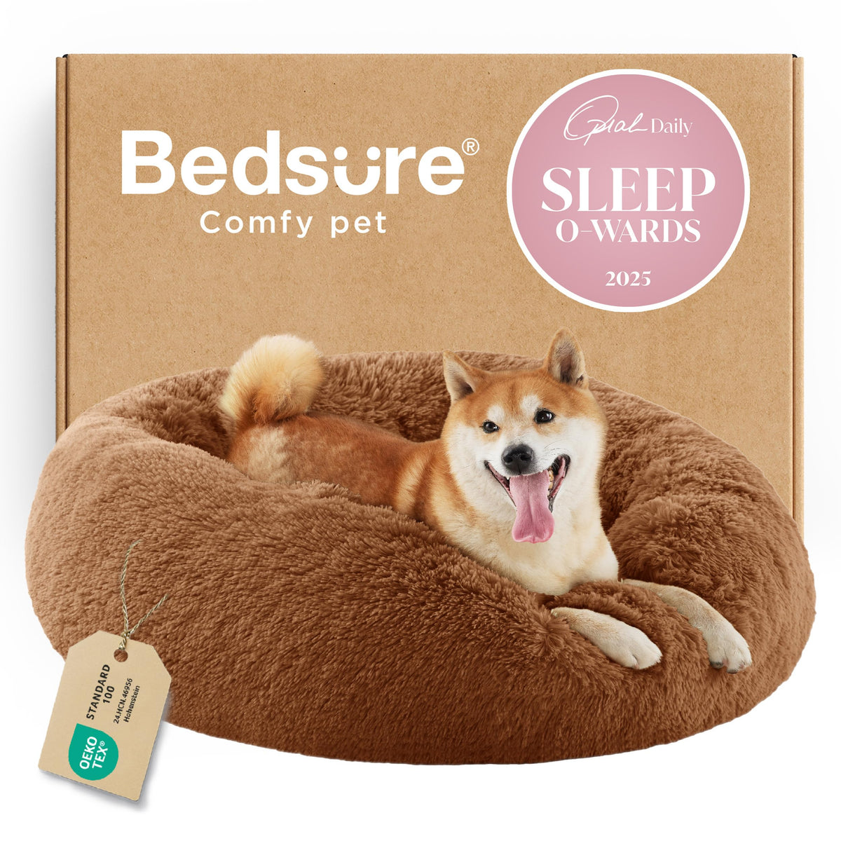 Bedsure Calming Small Medium Dog Bed Donut Washable Puppy Bed,27ins Camel
